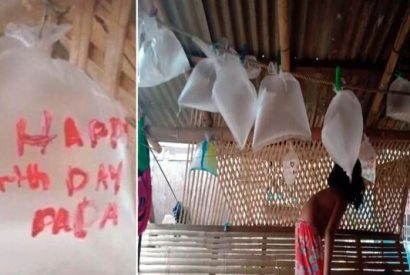 Niños utilizan bolsas de plástico como globos para celebrar el cumpleaños de su papá