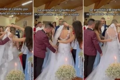 El cabello de una dama de honor se incendia al acomodar el velo de la novia.