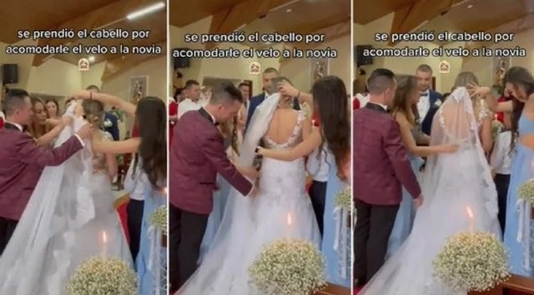 El cabello de una dama de honor se incendia al acomodar el velo de la novia.
