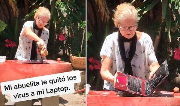 Abuelita lava con agua y jabón la laptop de su nieto para limpiar virus".